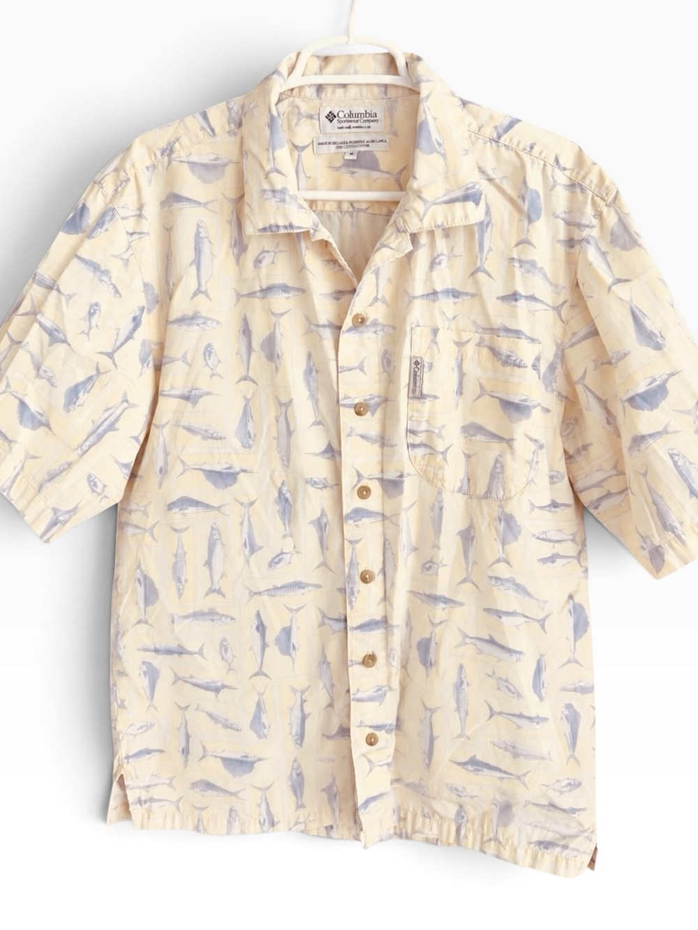 Columbia | Fish Print Button Front Shirt Yellow Blue 100% Cotton Sz S GUC